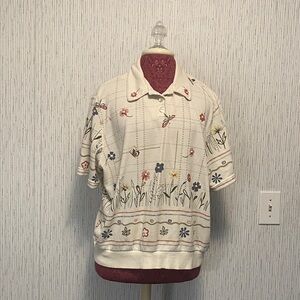 Alfred Dunner XL Cream Floral Embroidered Polo Blouse Size